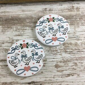 Goose with Bows and Hearts Floral Vintage Farmhouse Style Set of 2 Car Coasters